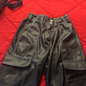 Black Faux Leather Cargo Pants